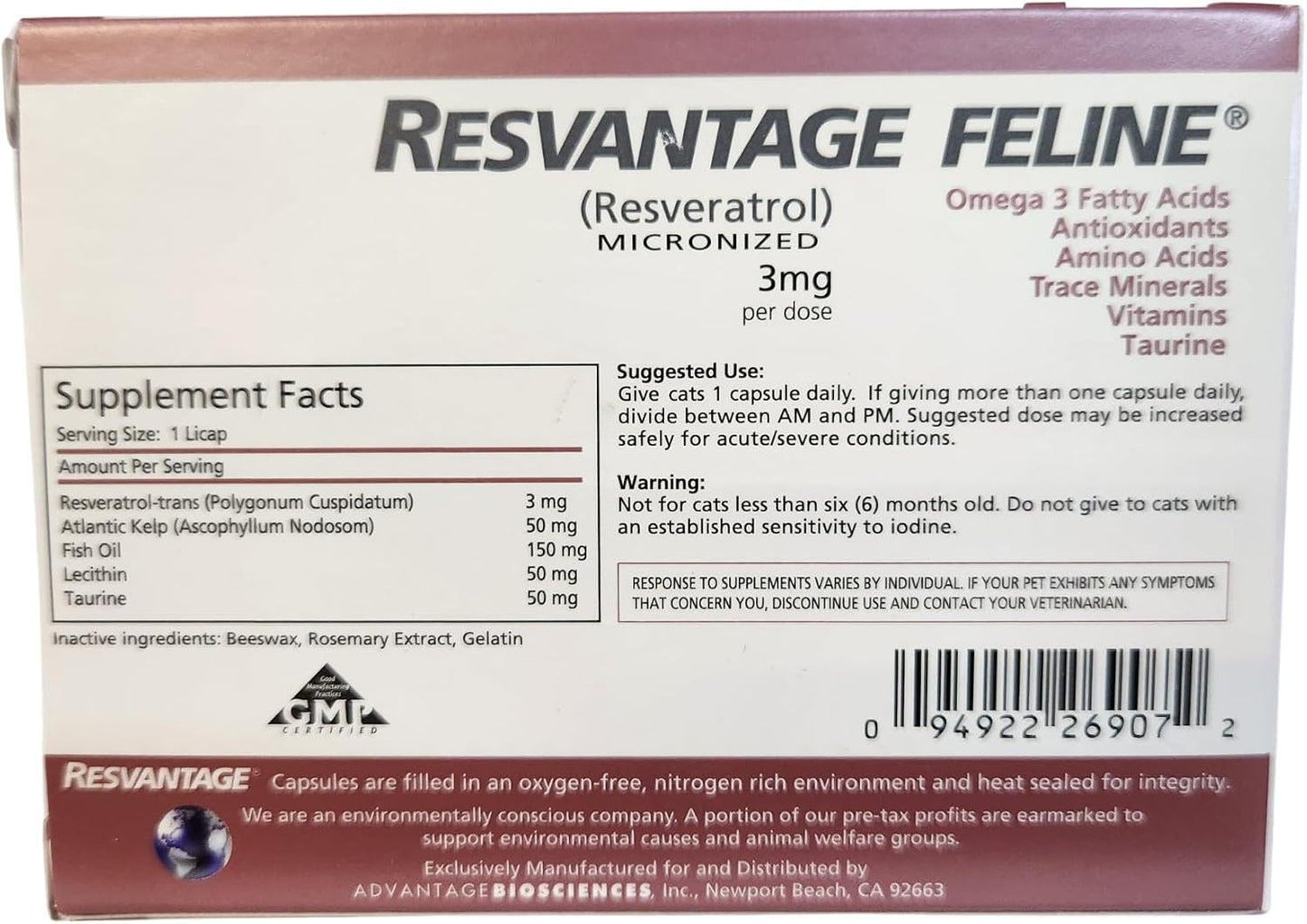 Resvantage Feline nutritional supplement packaging details