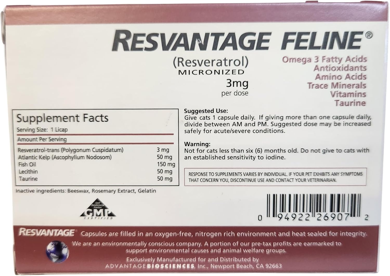 Resvantage Feline nutritional supplement packaging details