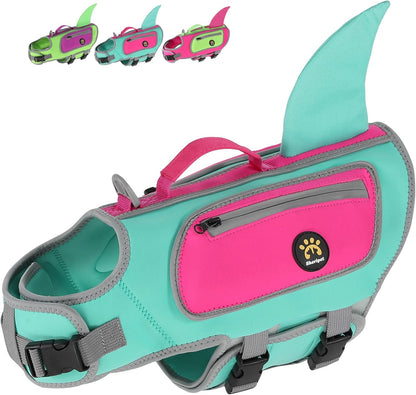Sheripet Shark Dog Life Jacket front view showing adjustable neck strap and turquoise neoprene material.