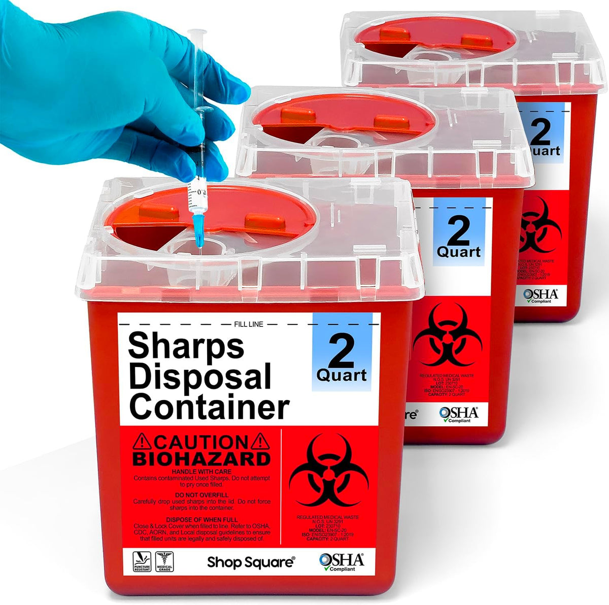 Shop Square Sharps Containers 3 Pack front view for biohazard disposal.