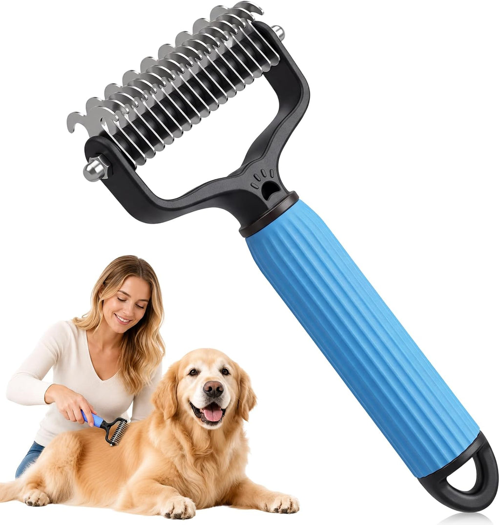 Fur Magic pet grooming brush front view showcasing the blue non-slip rubber handle.