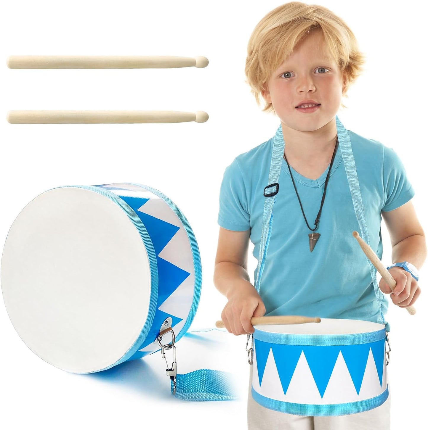 Xeehwb kids wooden drum toy authentic front view showing blue and white design