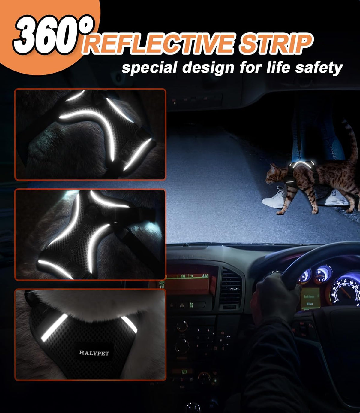 Durable polymer buckles on the adjustable Halypet cat safety vest.
