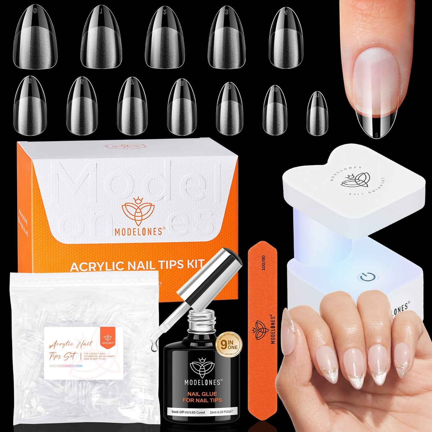 Modelones short almond gel nail tips kit with portable UV lamp and 216 pieces