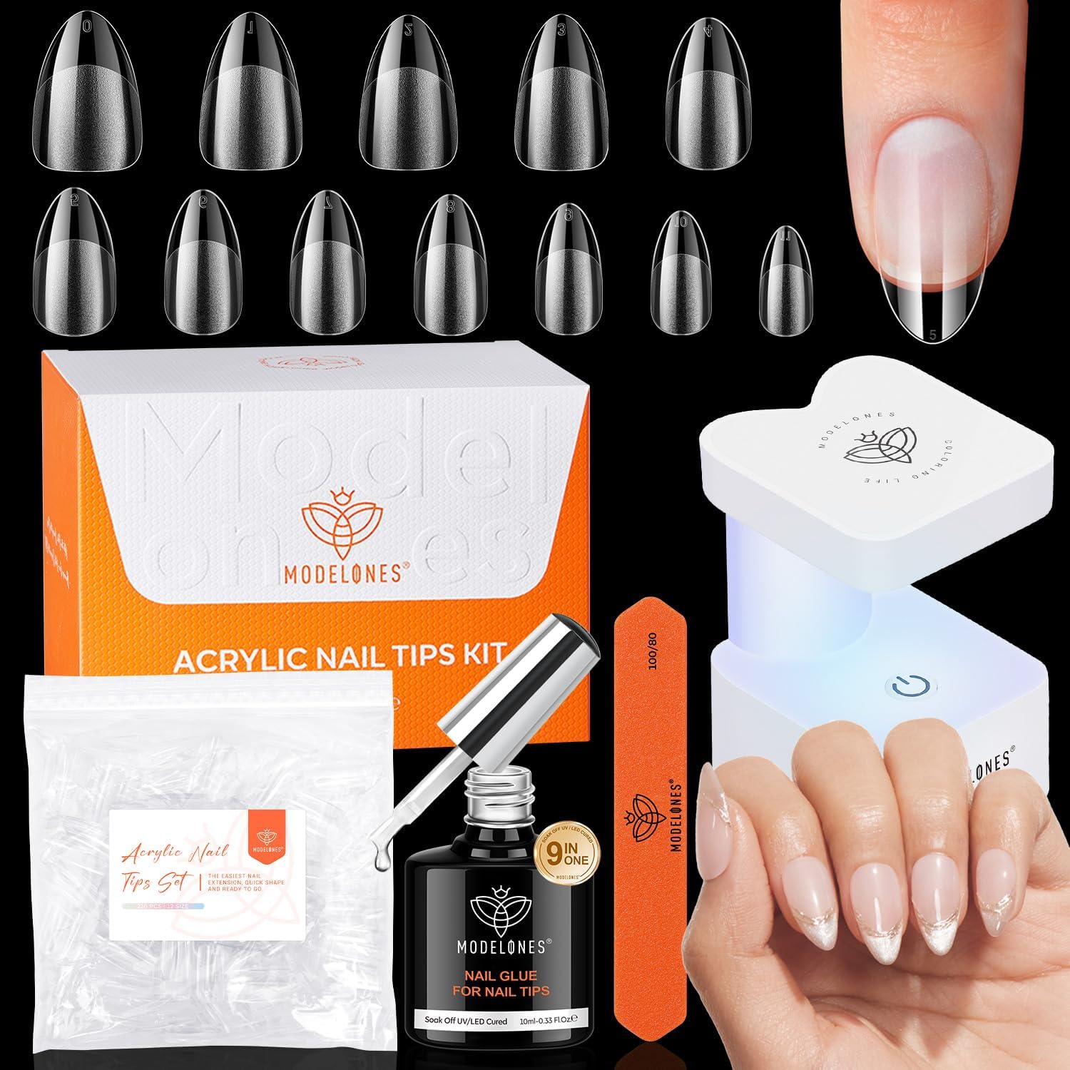 Modelones short almond gel nail tips kit with portable UV lamp and 216 pieces