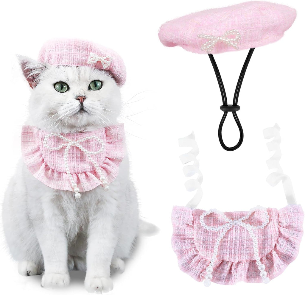 HOWWFALY 2PCS Cat Beret Hat with Small Camellia, Adjustable Satin Bowtie Bandana Scarf Set Pet Princess Costume for Halloween Christmas, Cat Dog Birthday Party Apparel (Pink Bow) - Image 15