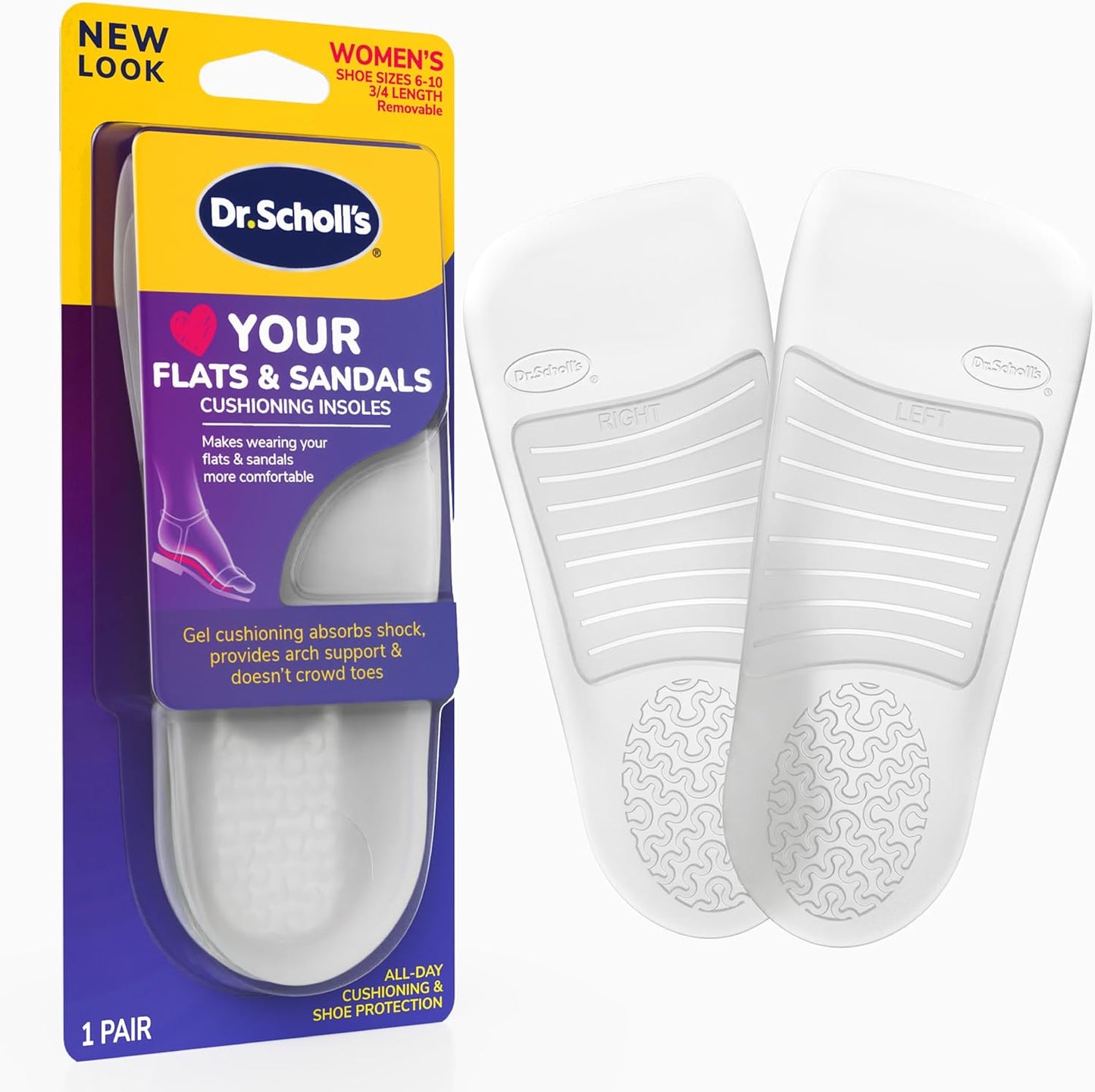 Dr. Scholl's Love Your Flats and Sandals 3/4 length gel insoles front view for arch support.