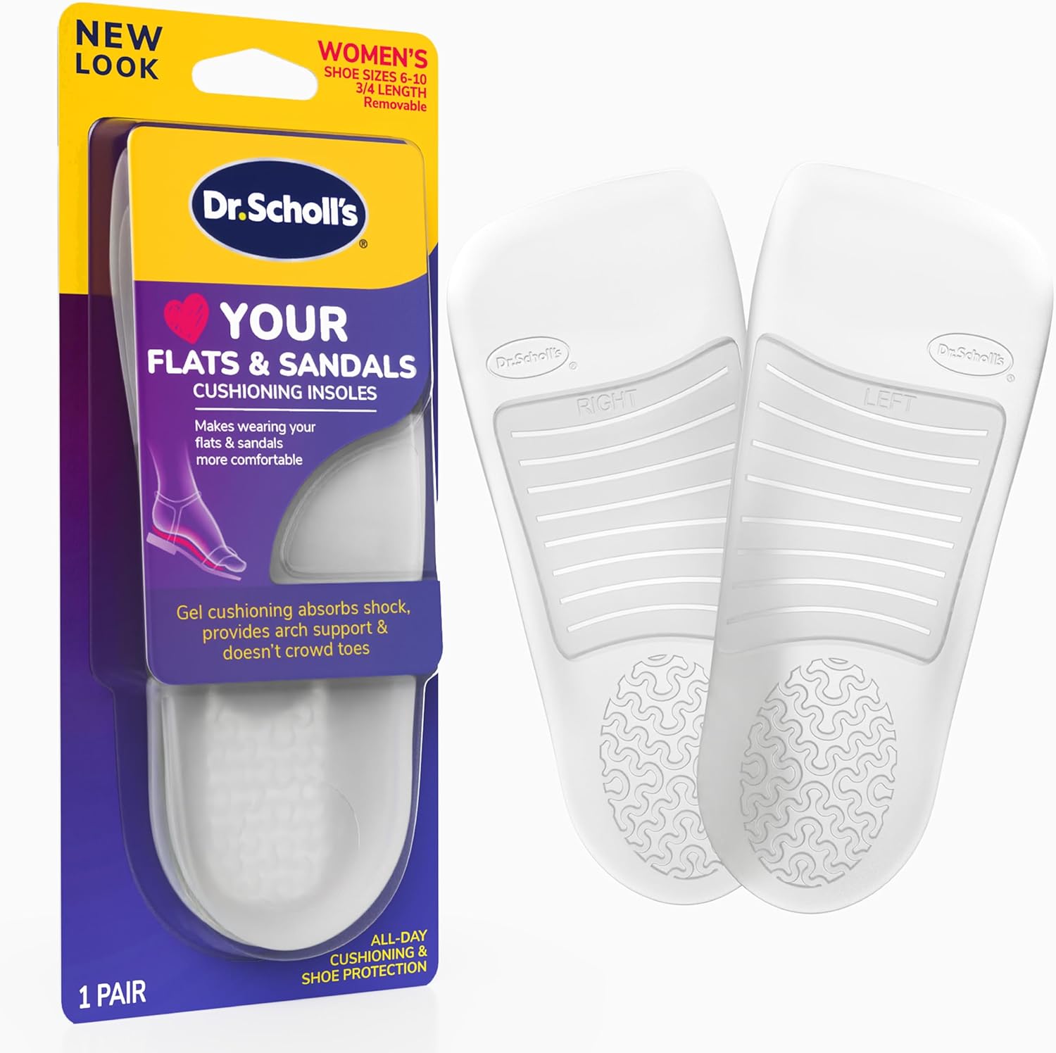 Dr. Scholl's Love Your Flats and Sandals 3/4 length gel insoles front view for arch support.