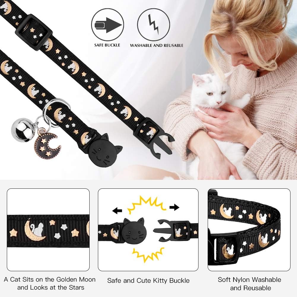 2Pcs Breakaway Cats Collars Cat Collars for Boy & Girl Cats Moons Adjustable Kitten Collars with Bell & Pendant Glow in The Dark,Purple+Black - Image 2