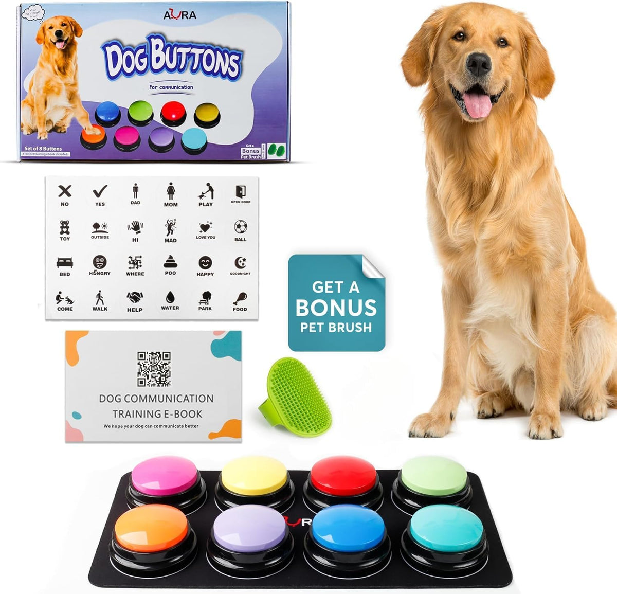 A-URA Dog Talking Buttons for Communication - 6 Recordable Dog Buttons with Anti-Slip Mat, Word Stickers, Training Guide & Video | Dog Communication Buttons for Potty Training, Daily Needs & Behavior - Image 10
