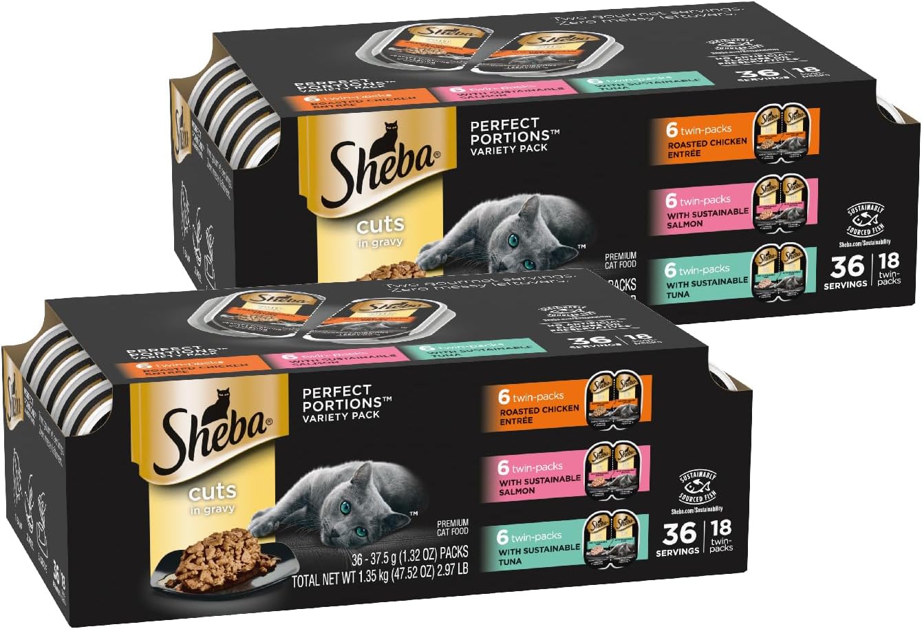 Sheba Perfect Portions Wet Cat Food Cuts in Gravy, Cat Food Wet Recipe, Roasted Chicken Entree, with Sustainable Salmon, Tender Turkey Entree, 2.6 oz. Twin-Pack Trays (24 Count, 48 Servings) - Image 12