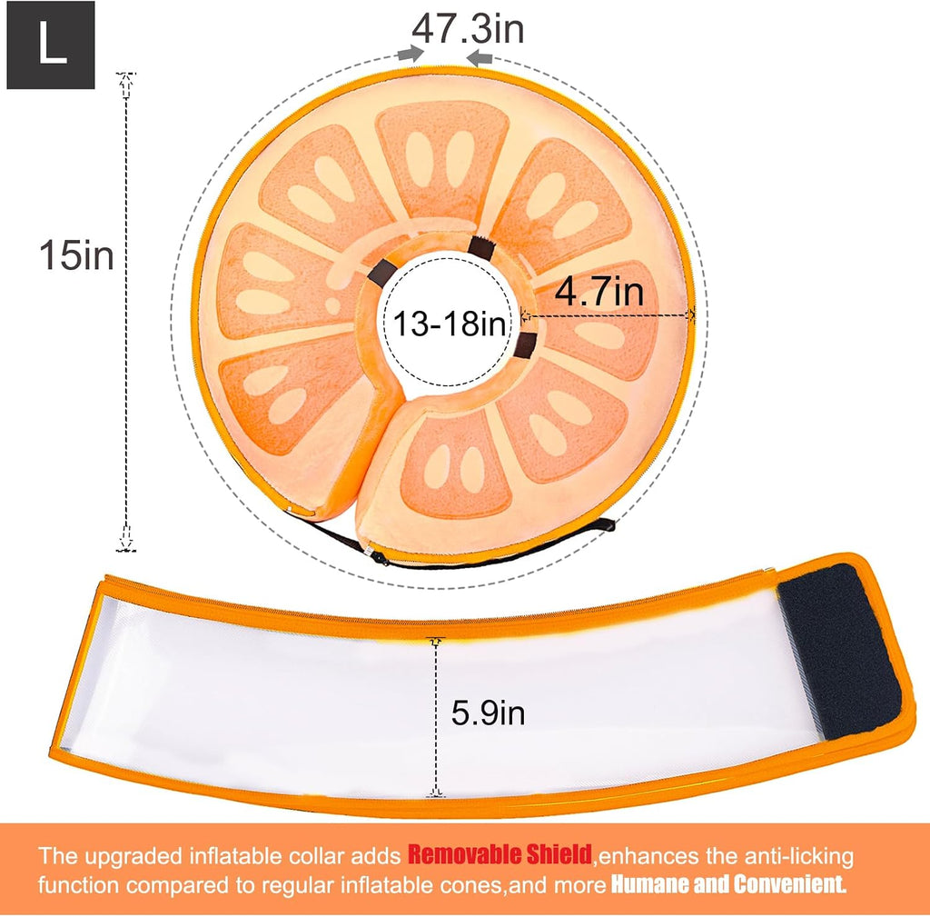Side profile of a large breed pet wearing the lightweight orange post surgery protective shield.