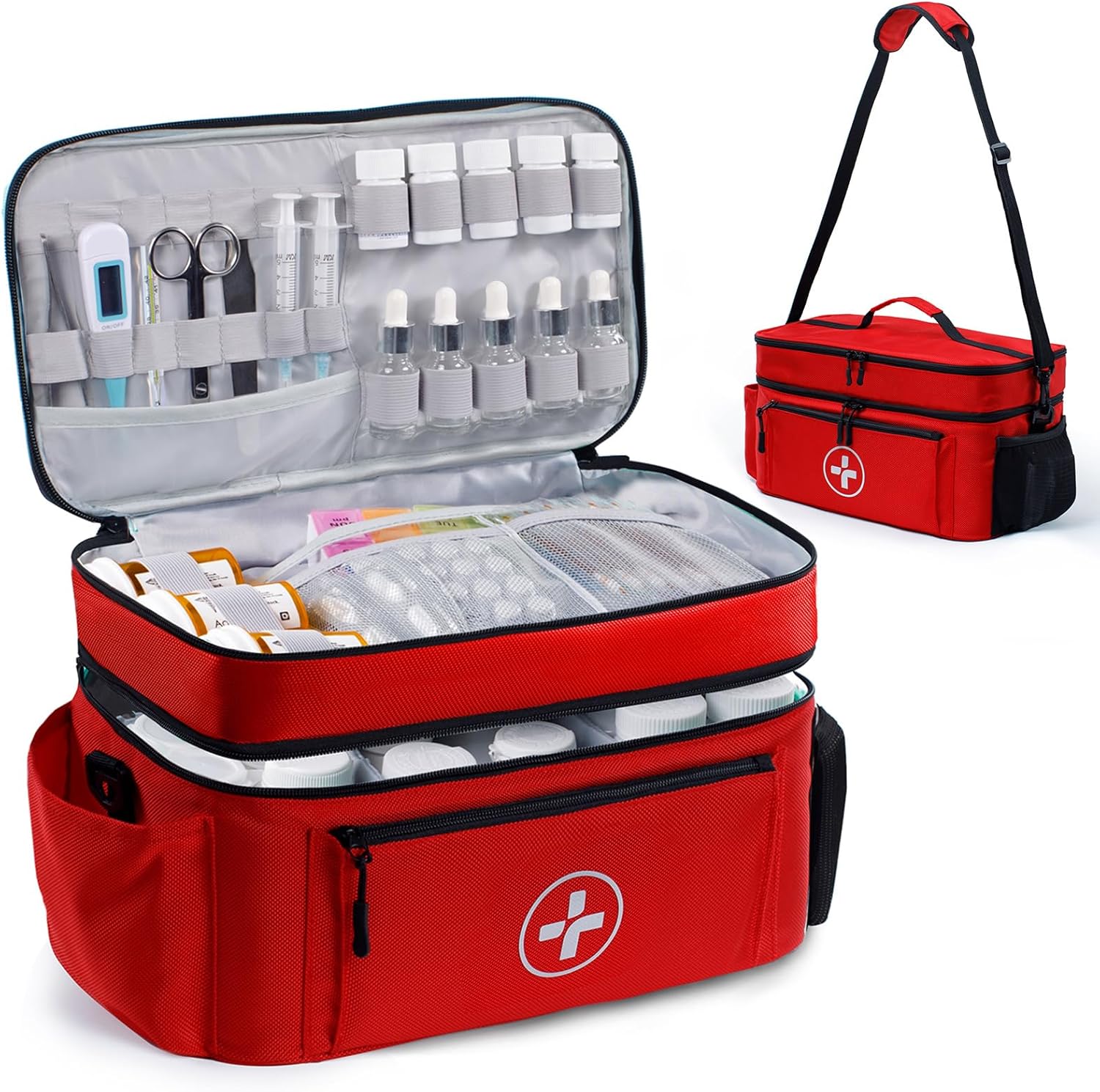 BAGSFY Travel Medicine Bag Organizer red front view showing carry handle