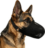 CNSYAF soft mesh dog muzzle front view on a medium sized pet for anti biting protection