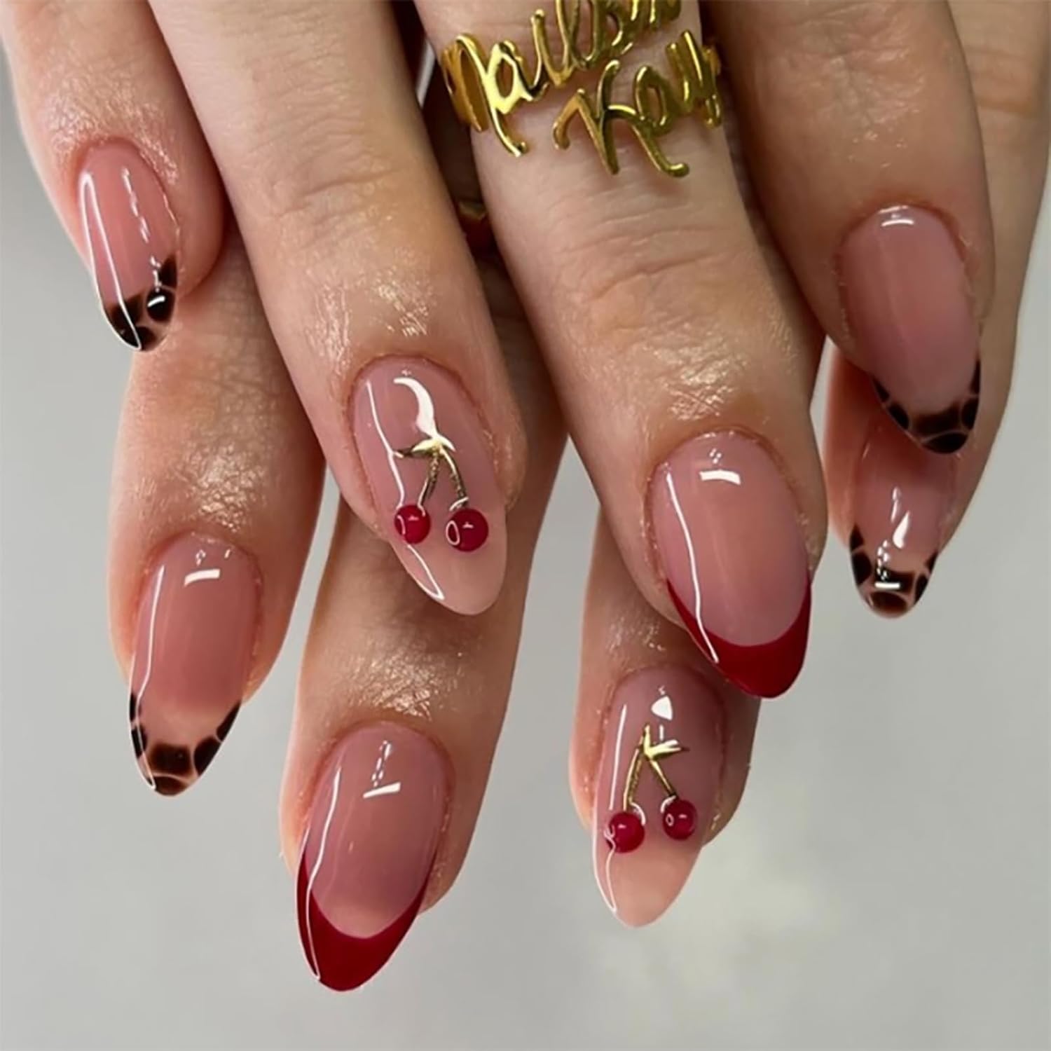Mivota 3D Cherry Almond Press On Nails front view showcasing red French tips