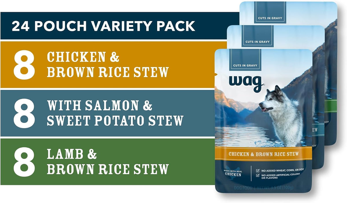 Wag dog food topper chicken lamb and salmon pouches displayed