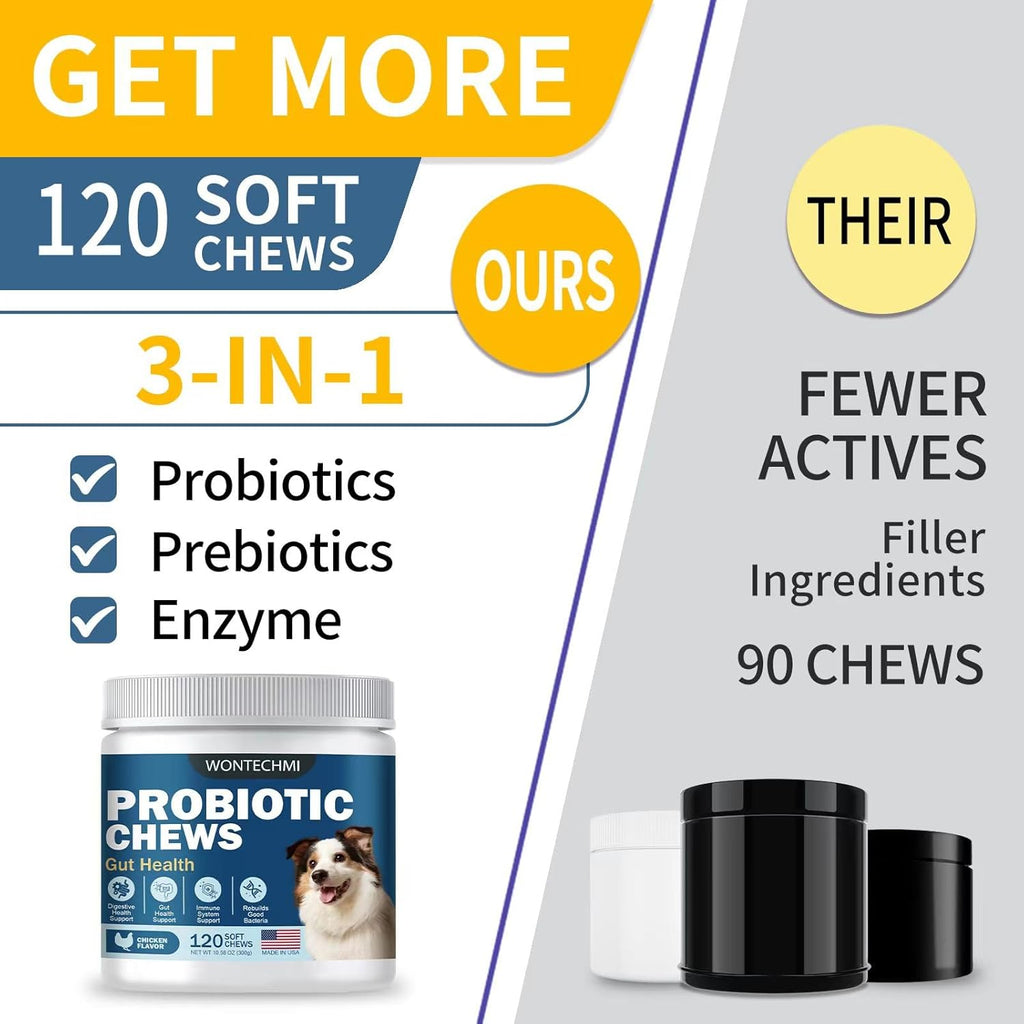 Dog supplement container showing prebiotics and probiotics ingredients