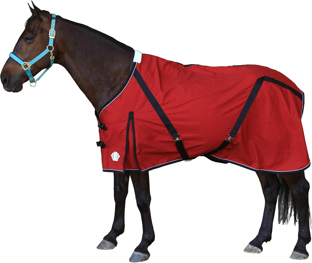 Navy blue horse canvas sheet with hunter green trim and white piping.