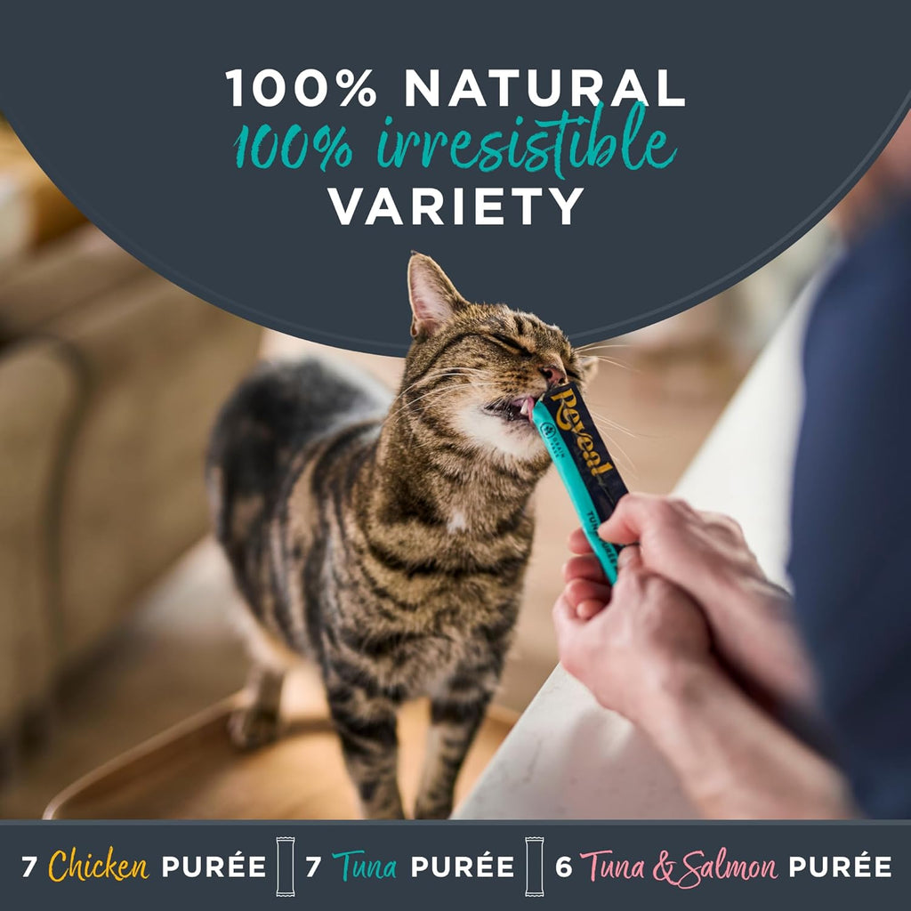Reveal Fish and Chicken Variety Puree Lickable Cat Treats 20-Pack, Limited Ingredient, Grain Free, Protein Squeeze Up Cat Treats for Training or Food Topper (20 x 0.5 oz Pouches) - Image 2
