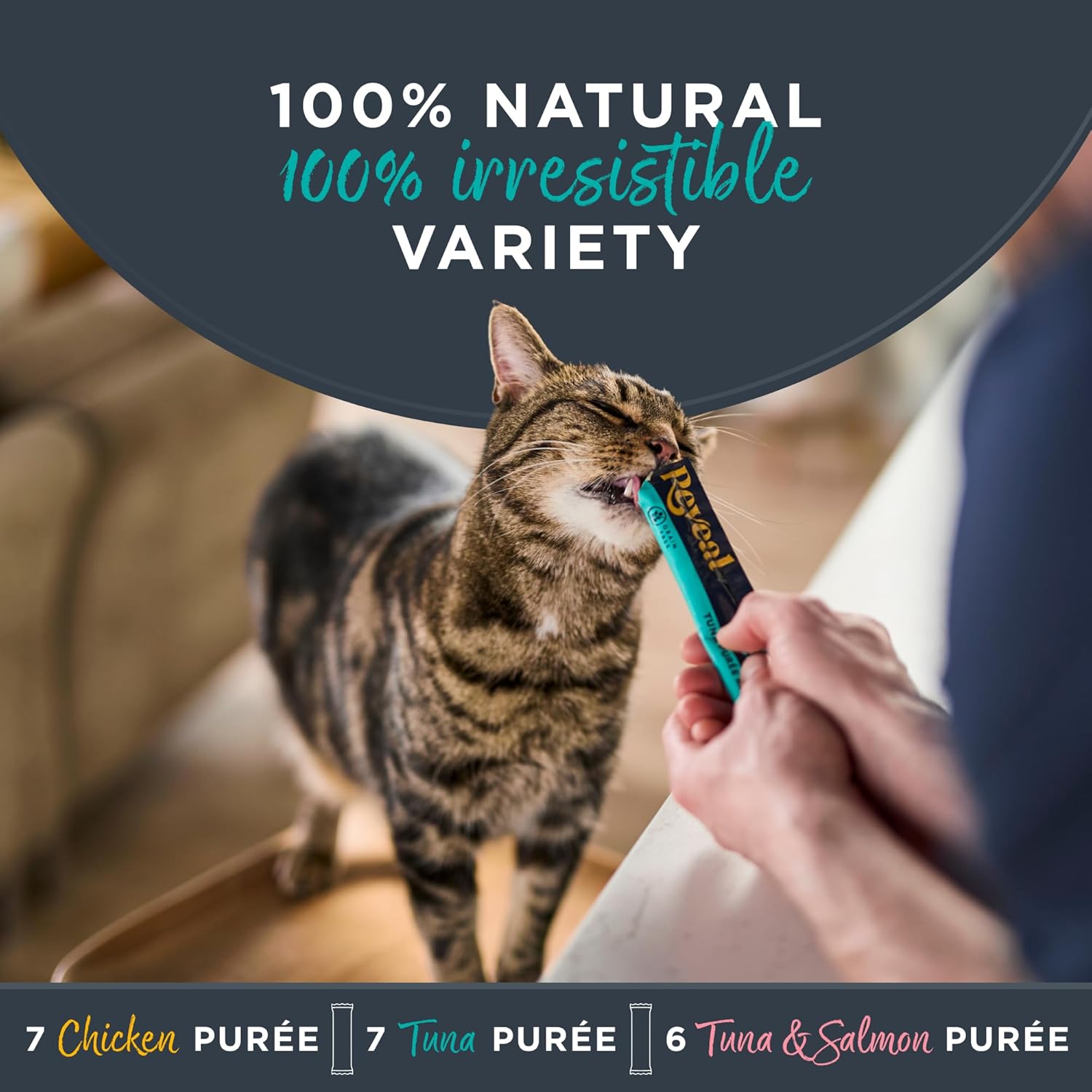Reveal Fish and Chicken Variety Puree Lickable Cat Treats 20-Pack, Limited Ingredient, Grain Free, Protein Squeeze Up Cat Treats for Training or Food Topper (20 x 0.5 oz Pouches) - Image 2