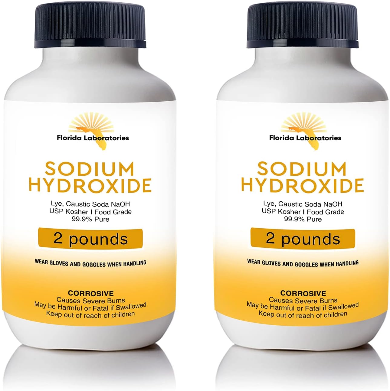 Florida Laboratories Sodium Hydroxide 99.9 Percent Pure Food Grade Lye Beads 2 Pounds front view bottle for soap making