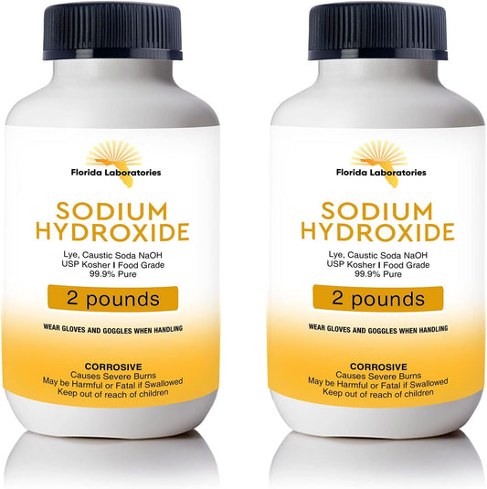 Florida Laboratories Sodium Hydroxide 99.9 Percent Pure Food Grade Lye Beads 2 Pounds front view bottle for soap making