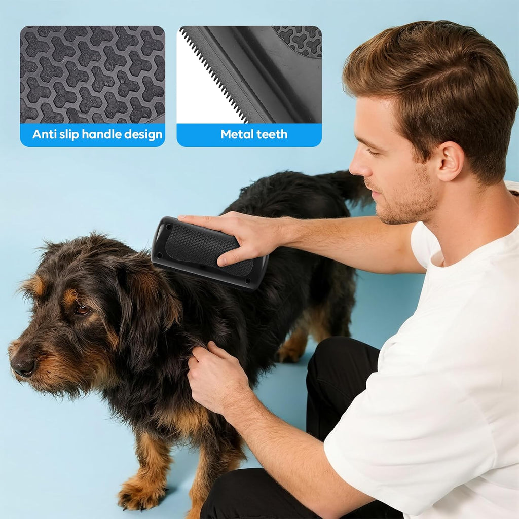 Close up of the ergonomic non slip rubber handle on the Adiwo pet brush.