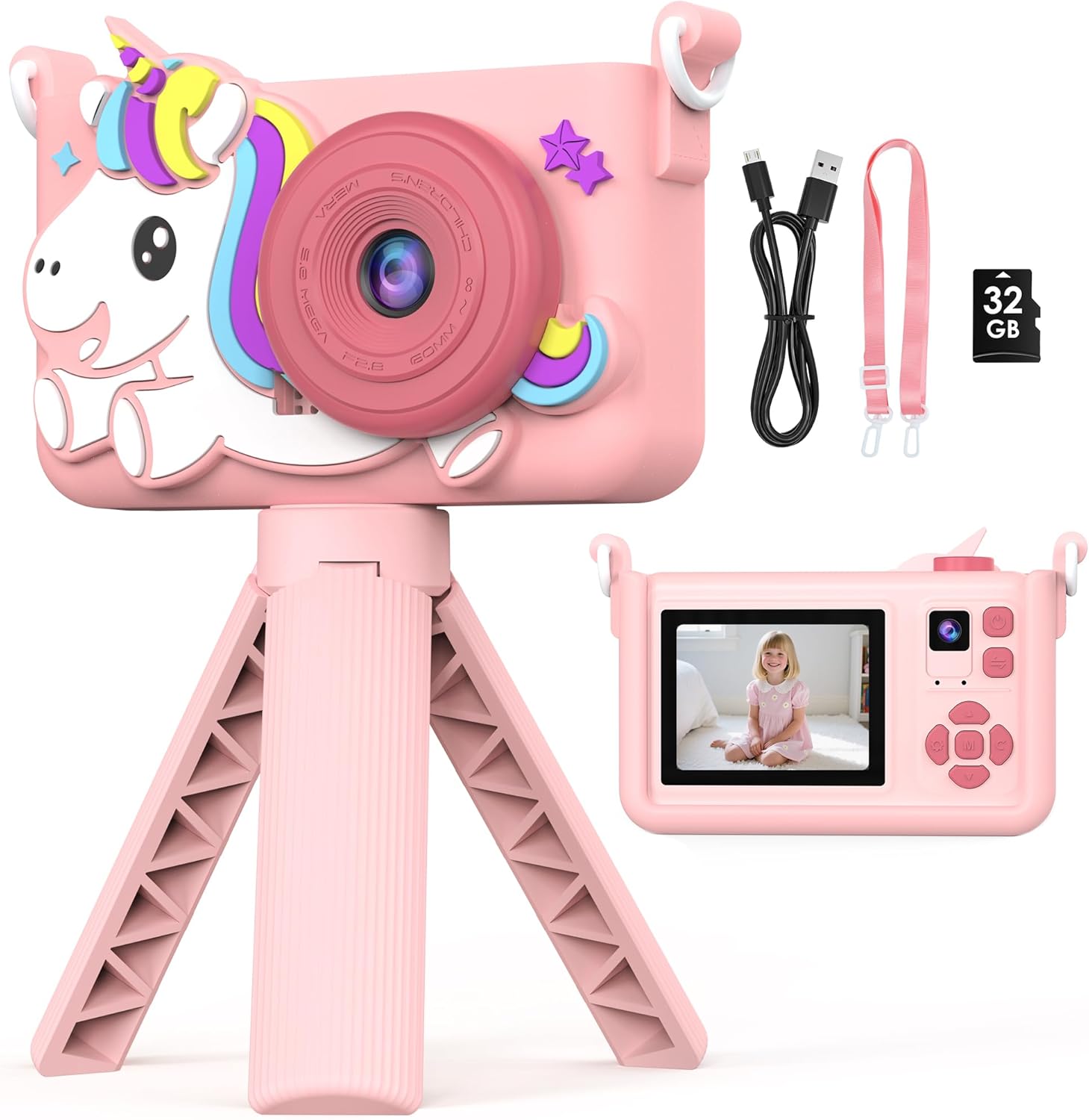 Makolle kids digital video camera front view showing the pink lens housing and compact design.
