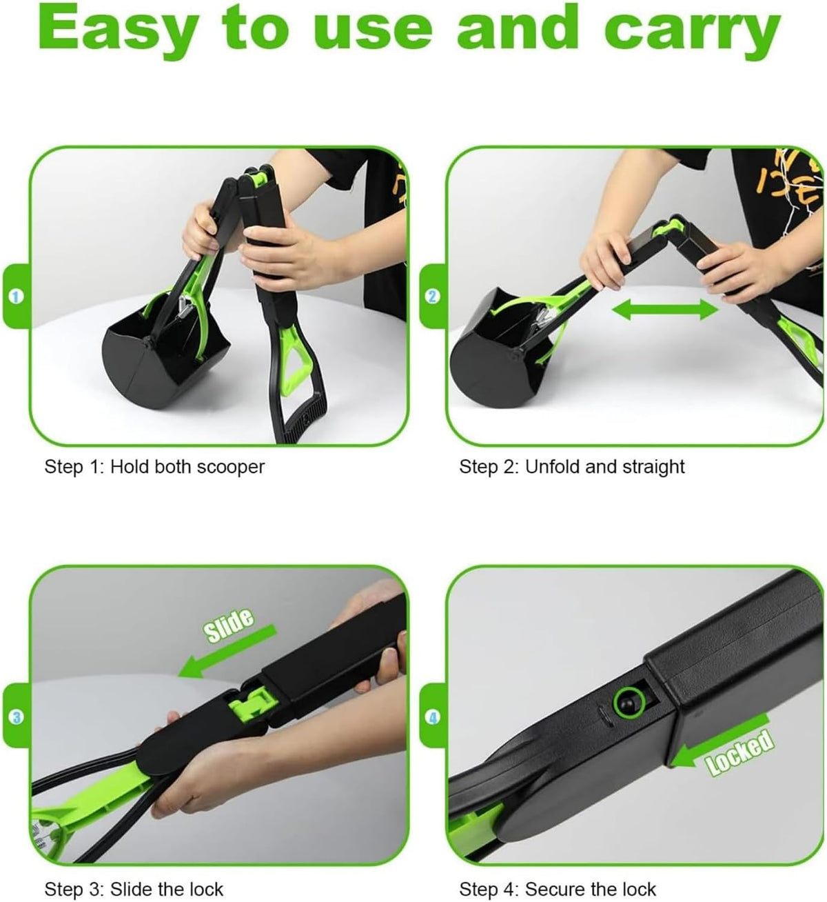Compact folded view of the pet pooper scooper for travel storage.