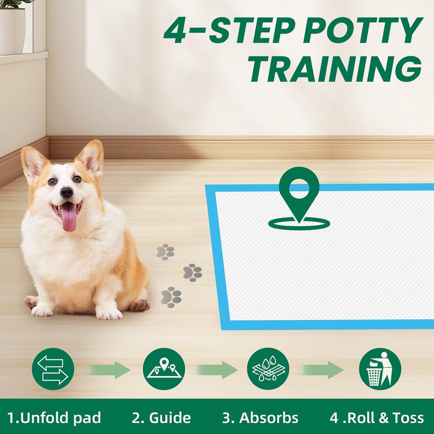 IMMCUTE large disposable pet training pad next to a kitten near a litter box area.