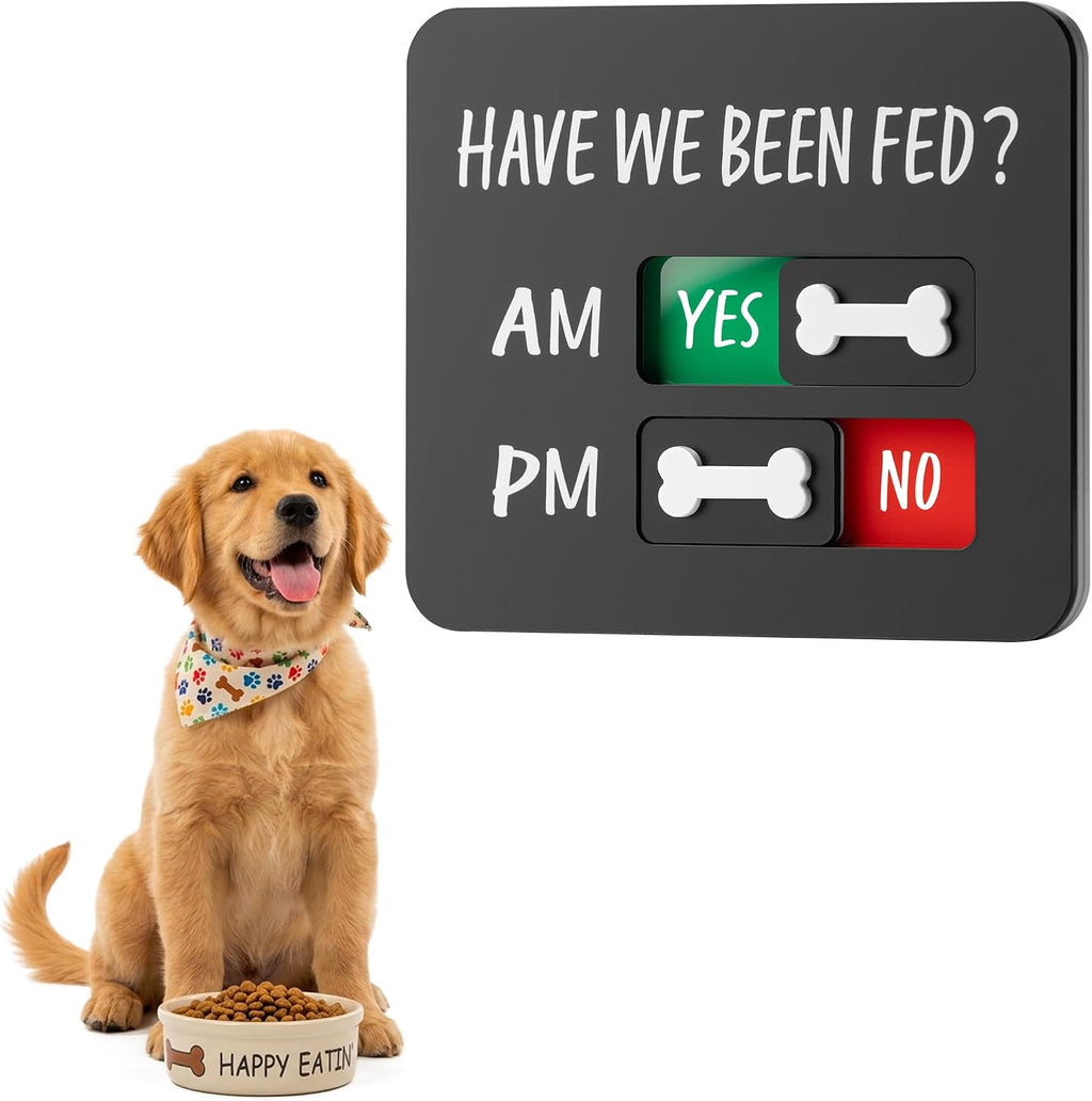 Gosknor dog feeding reminder sign front view on a black refrigerator door.