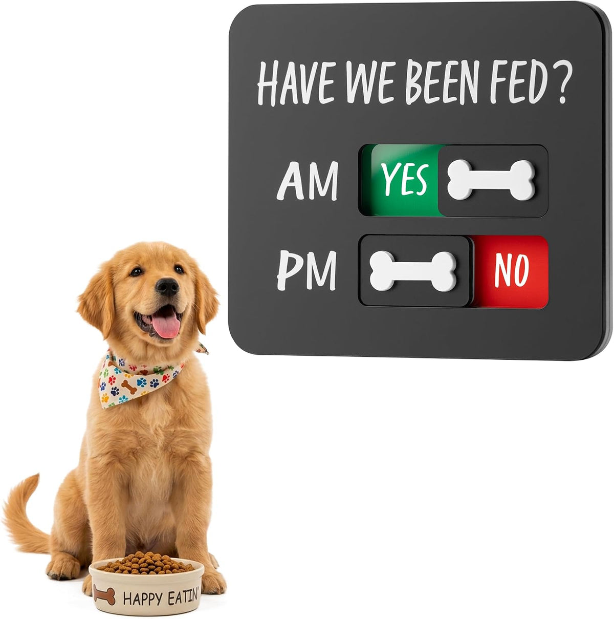 Gosknor dog feeding reminder sign front view on a black refrigerator door.