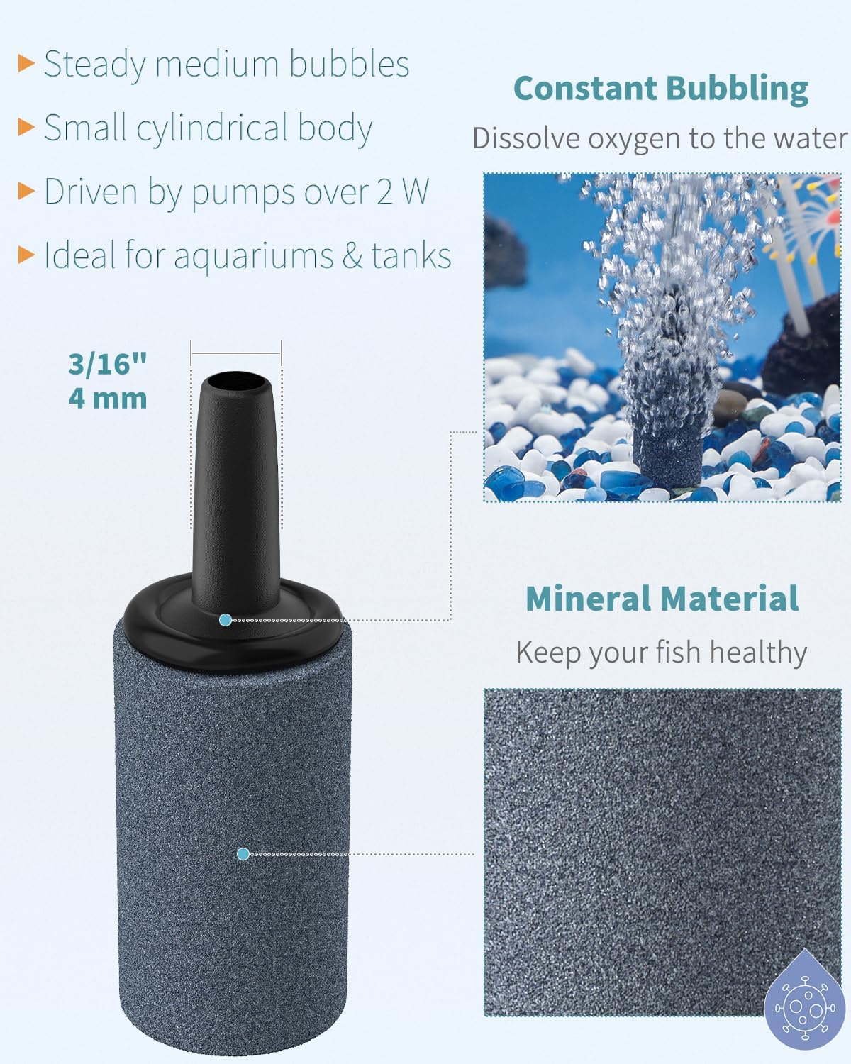 Pawfly aquarium cylinder airstones connected to standard airline tubing generating fine micro bubbles in water