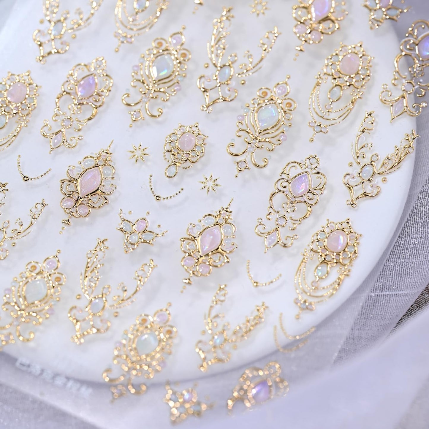 Hpyfoi 5D embossed gemstone nail stickers gold mace design front view