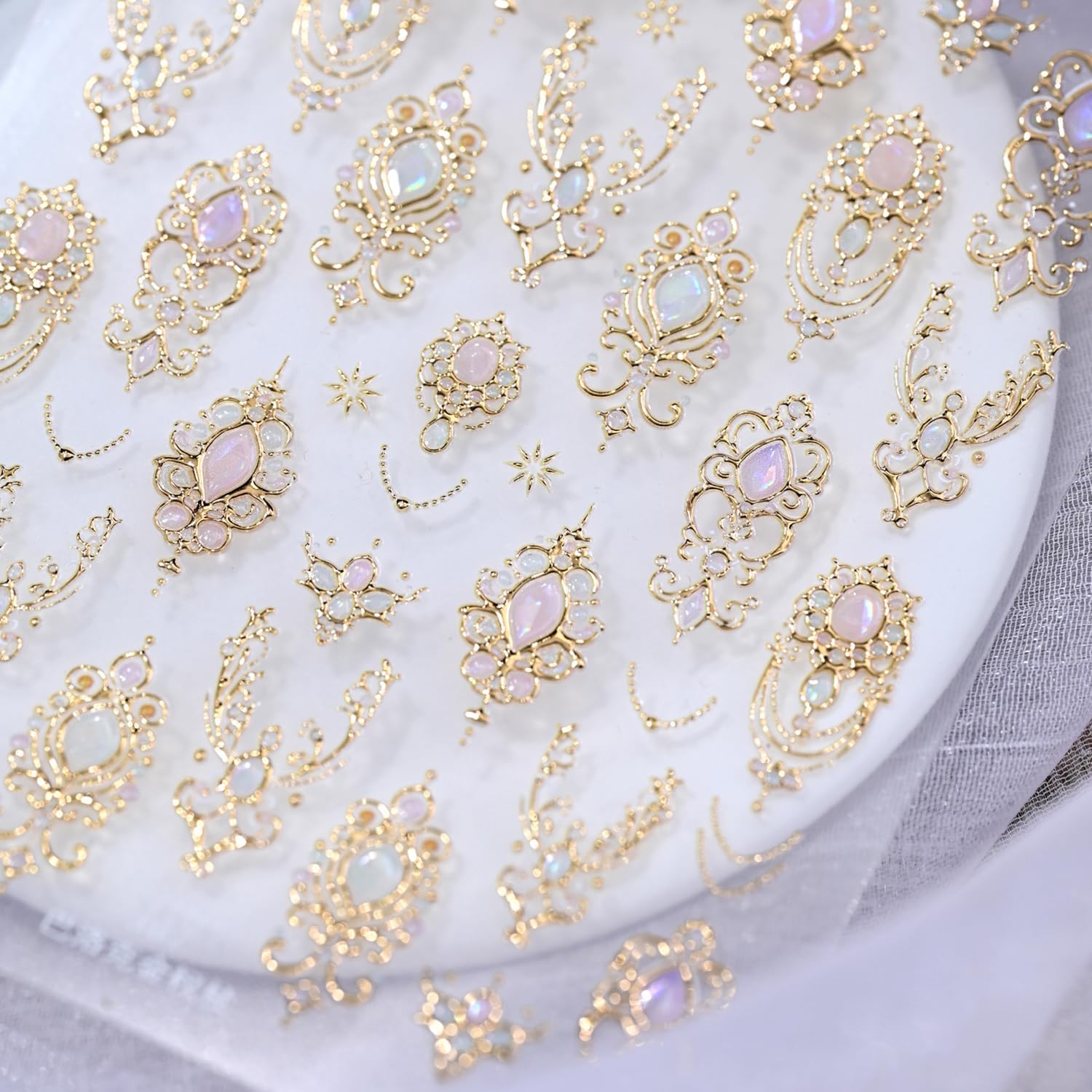 Hpyfoi 5D embossed gemstone nail stickers gold mace design front view