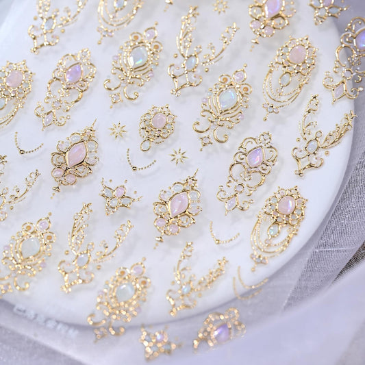 Hpyfoi 5D embossed gemstone nail stickers gold mace design front view