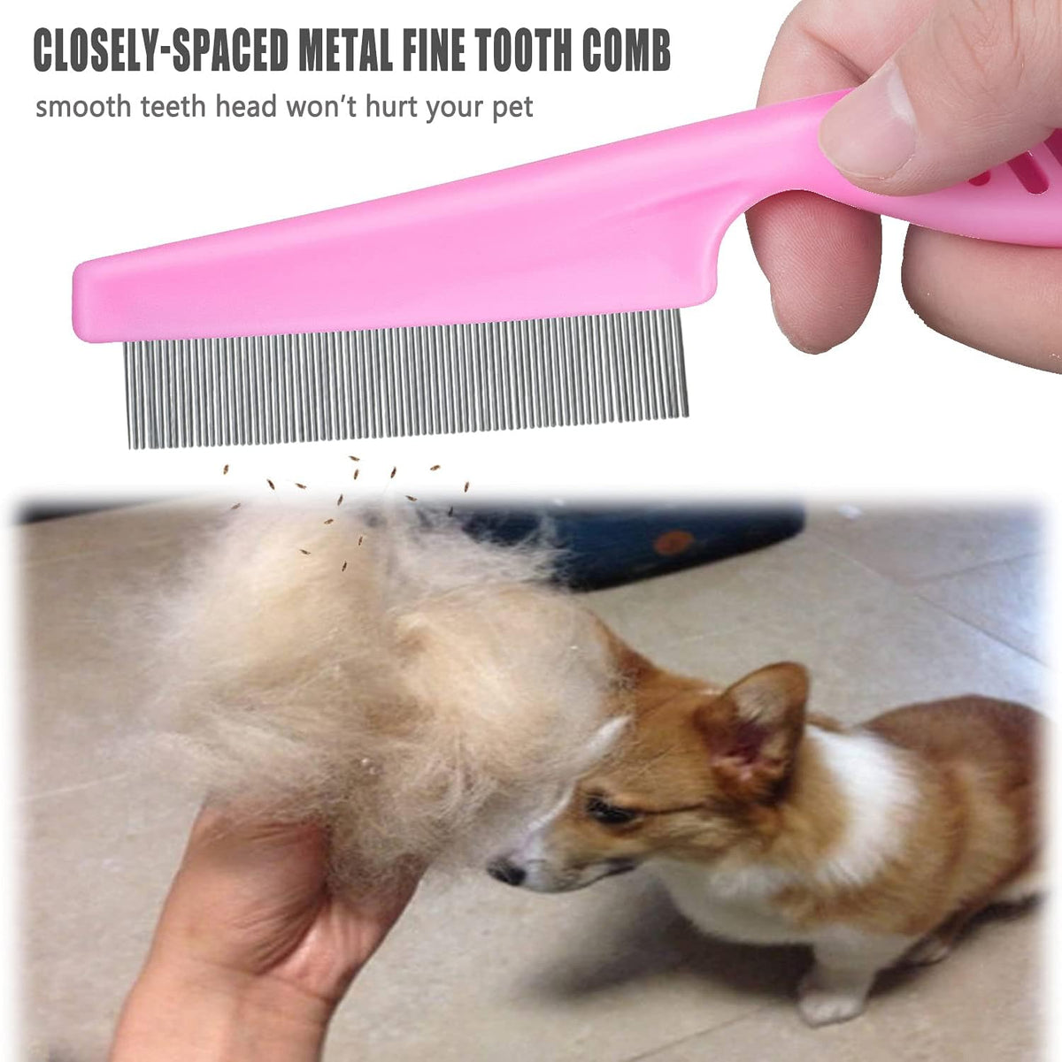 Close up of the stainless steel teeth on the pink pet grooming comb