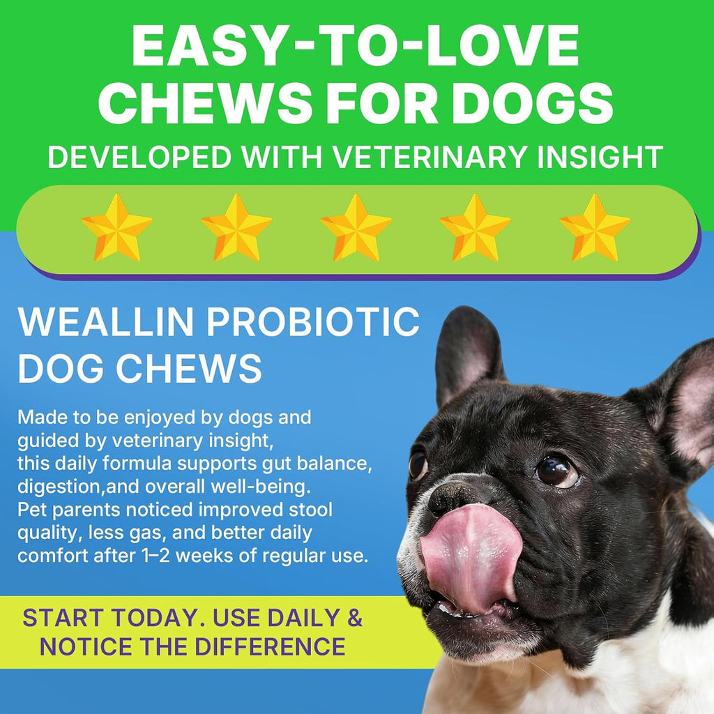 Weallin two hundred pieces dog probiotic treats back label ingredient information.
