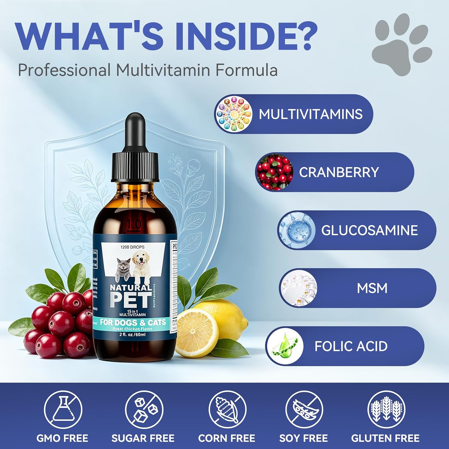 Close-up view of the authentic PIOUOK USA imported liquid multivitamin for cats and dogs.
