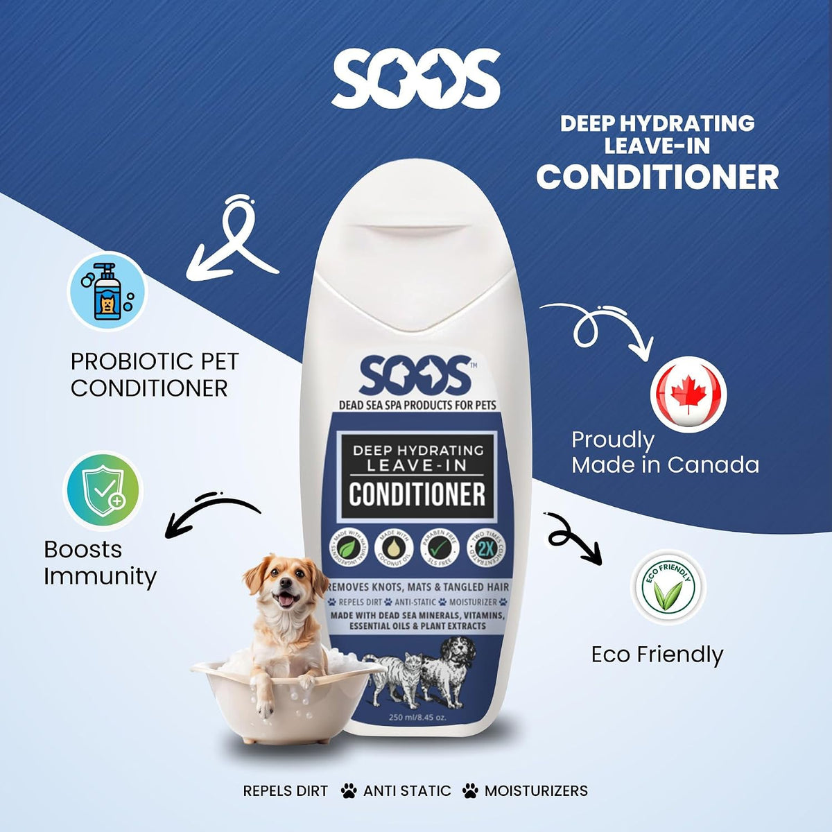 Soos Pets natural pet care product displayed with mineral extracts