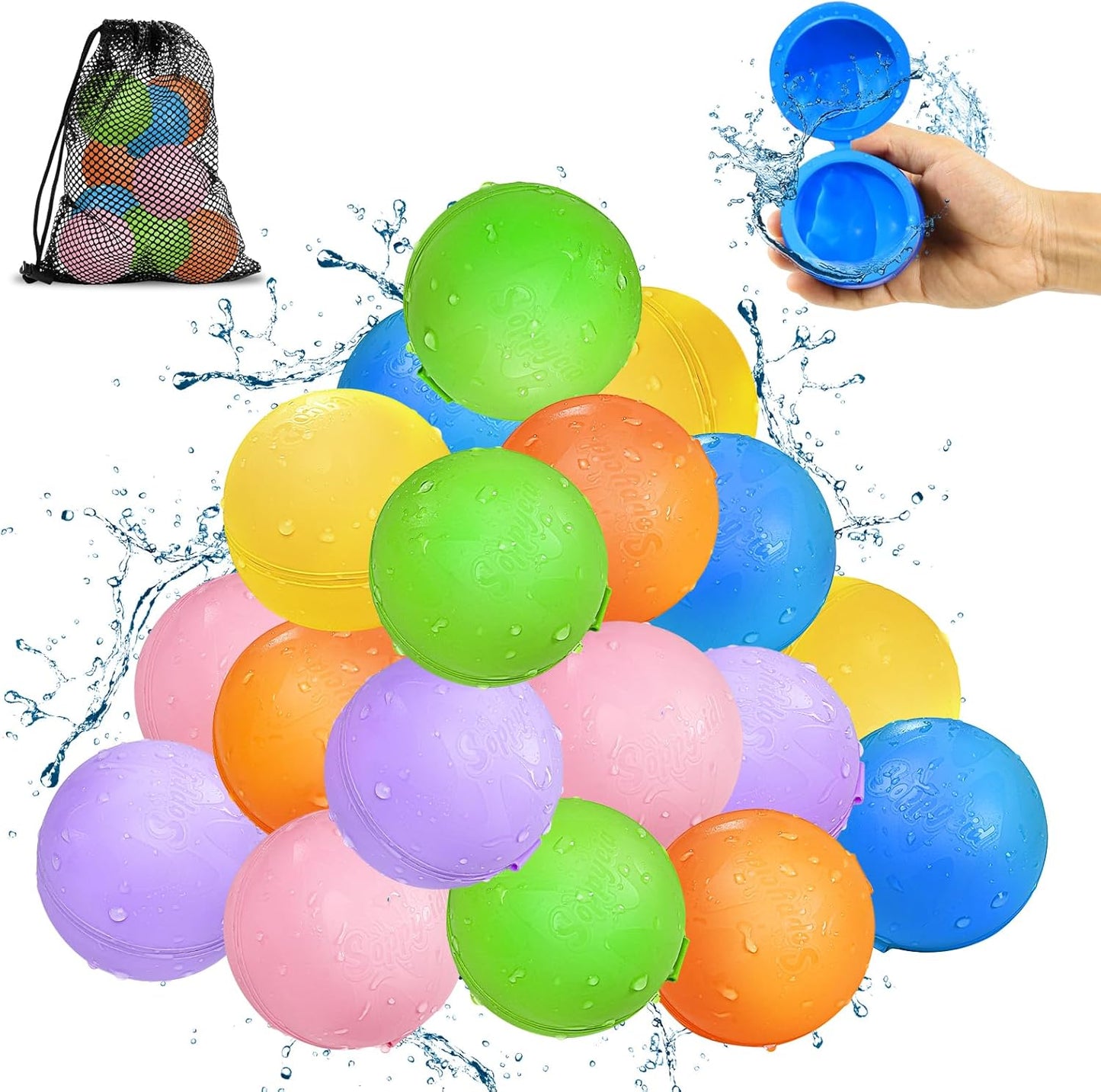 Smasiagon reusable water balloons front view of colorful 18 pack set