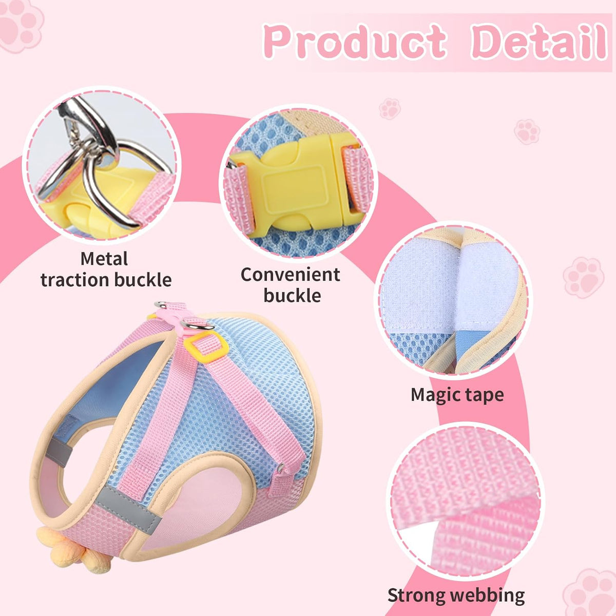 Pink flower decoration detail on a lightweight breathable mesh kitten walking vest