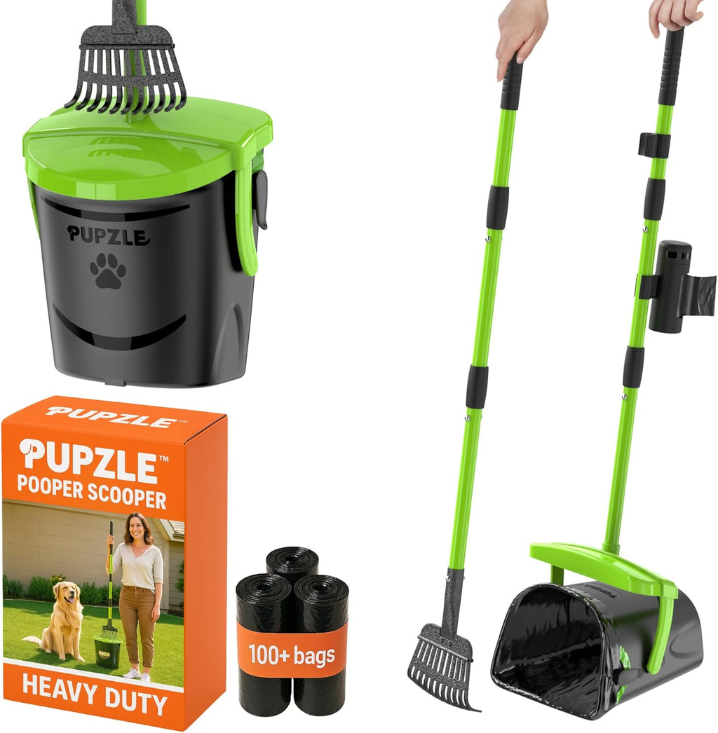 Pupzle dog pooper scooper front view with long handle and green swivel bin