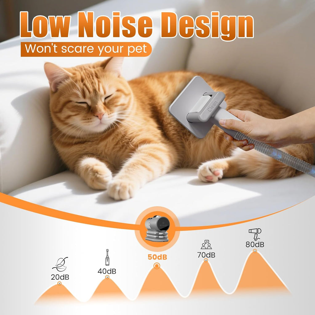 AIRROBO PG100 Plus pet grooming kit showing the quiet operation motor base.