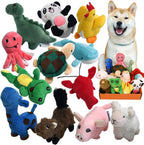Legend Sandy squeaky plush dog toy pack front view showcasing twelve diverse animal shapes.