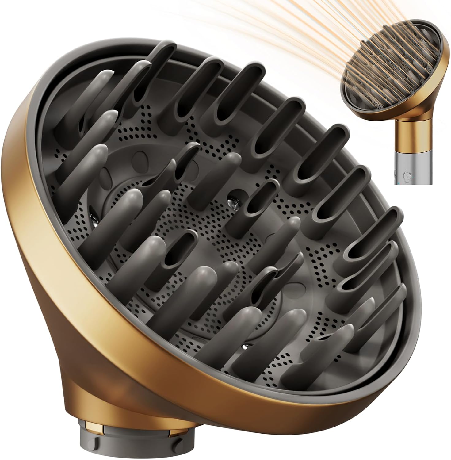 BOSSNUOK gold diffuser attachment front view showing long black inner prongs for curl defining.