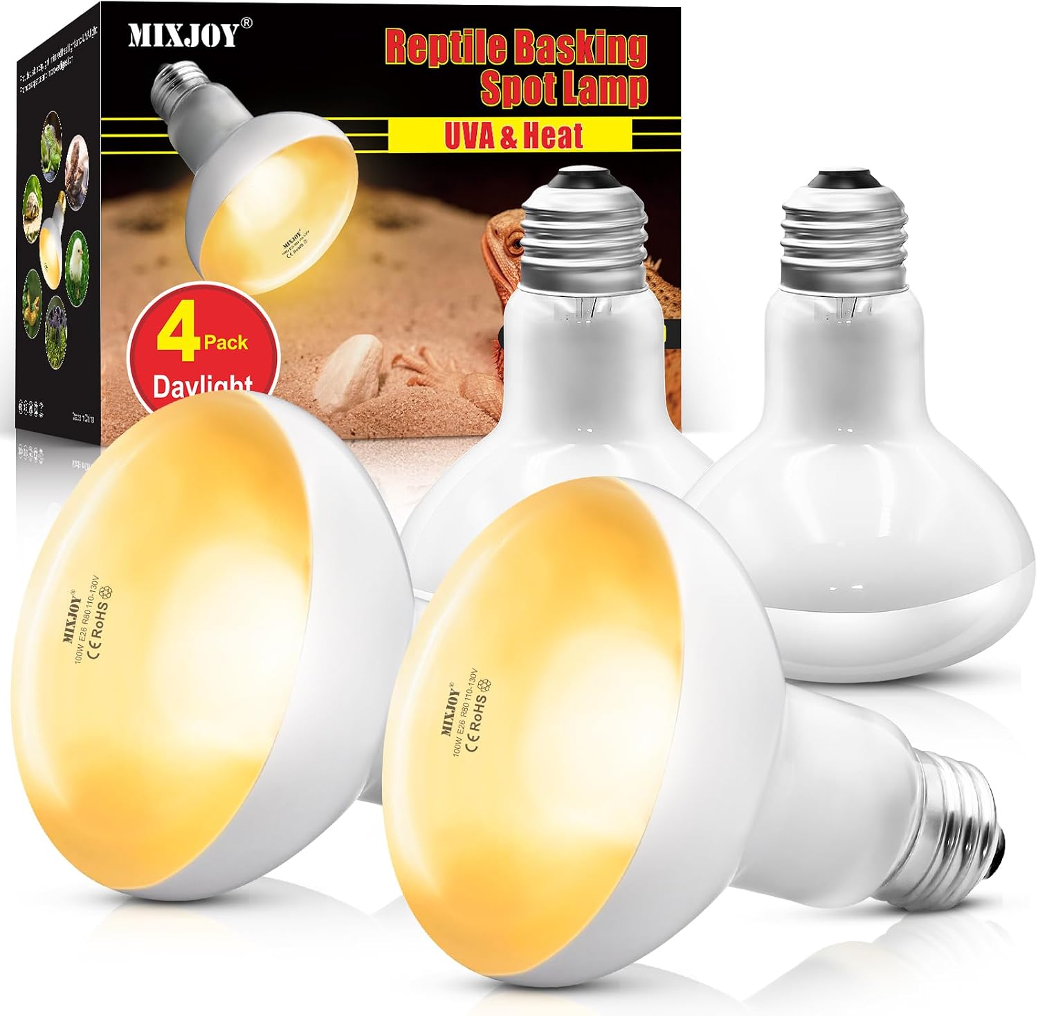 Mixjoy 150 Watt ambient heating emitter safely illuminating a lizard habitat.