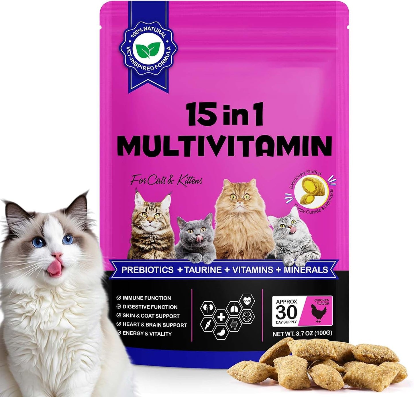 Uocasi Cat 15-in-1 Multivitamin Chews front packaging view showing chicken flavor details.
