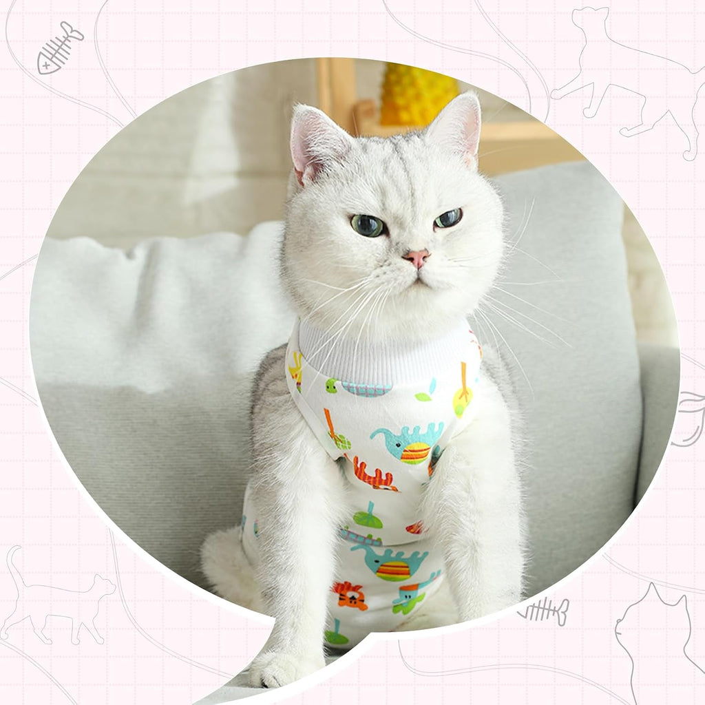 Rear view of cat recovery suit showing clean litter box clearance