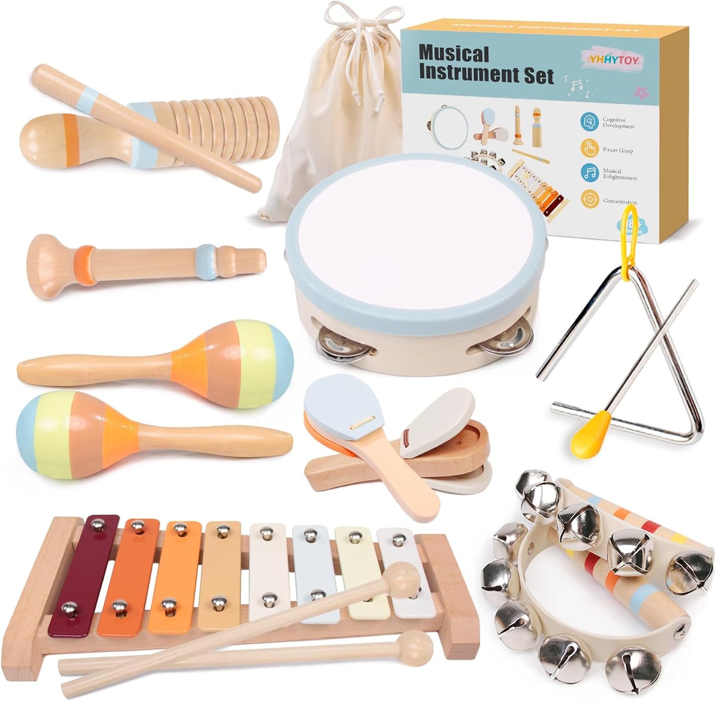 YHHYTOY baby musical instruments set front view showing complete wooden percussion kit